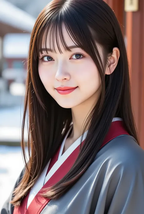 masterpiece, with the face positioned accurately in the center of the image, fine, clean skin、big tight ,Long-sleeved kimono、long black hair, Bangs, smile, 8k, Shinto shrine background with snow