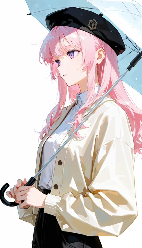 pink hair and black and white jacket, 1 woman with an umbrella, alone, long hair, Black Pants , black hat, shirt,cartoon,black beret,Solo painting,upper body,simple background