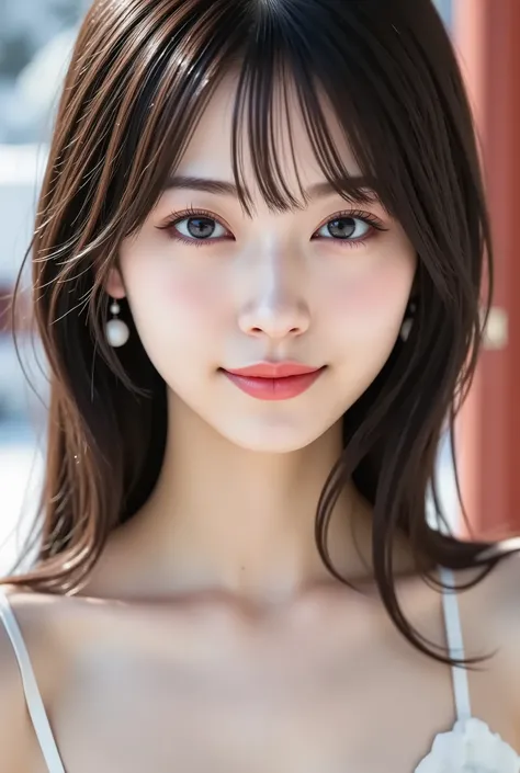 masterpiece, with the face positioned accurately in the center of the image,  fine, clean skin、big tight , colored furuncles、long black hair, Bangs, smile, 8k, snow shrine background