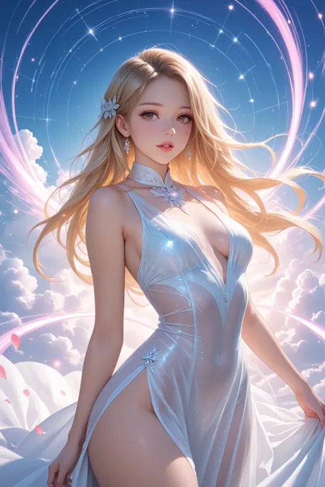 ultra realism, dynamic pose, dim light, masterpiece, best quality, amazing quality, very aesthetic, absurdres, newest, highly detailed, high-resolution, Floating in the Wind, A Beautiful Young Woman Suspended in Mid-Air, beautiful face, brown eyes, parted ...