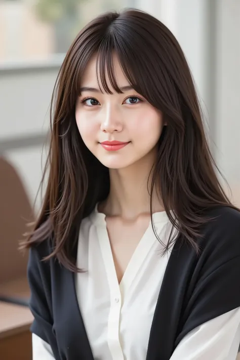 masterpiece, with the face positioned accurately in the center of the image,  fine, clean skin、white blouse and black jacket,document background、long black hair, Bangs, smile, 8k