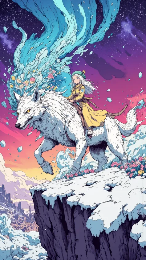 Imagine,The unreal colors in the sky have purple and pink gradients,galaxy,aurora, girl(21 years old,silver-white curls, long hair,head wearing a mint green gentleman hat,cream long dress,off-white canvas shoes)riding a huge silver snow wolf,On the Cliff...