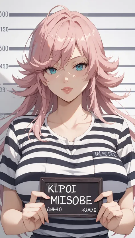 Yayoi kusakabe,Big breasts, G-cup breasts,masterpiece, best quality, illustration, suspect photo, height chart, 1 girl, upper body, holding a sign And without writing, looking at the viewer,long pink hair, beautiful narrowed eyes, prison clothes, striped s...