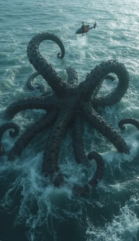 8 massive kraken tentacles emerging from deep ocean waves, (thick suckers with barnacles:1.2), (stormy ocean surface with splashes:1.3), dark seawater depth fading into black abyss --ar 9:16 --v 6 --style raw --chaos 85  Helicopter flying over the Kraken(1...
