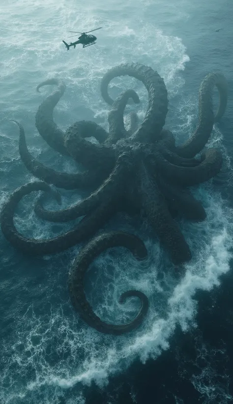 8 massive kraken tentacles emerging from deep ocean waves, (thick suckers with barnacles:1.2), (stormy ocean surface with splashes:1.3), dark seawater depth fading into black abyss --ar 9:16 --v 6 --style raw --chaos 85  Helicopter flying over the Kraken