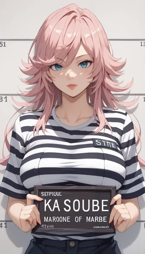 Yayoi kusakabe,Big breasts, G-cup breasts,masterpiece, best quality, illustration, suspect photo, height chart, 1 girl, upper body, holding a sign And without writing, looking at the viewer,long pink hair, beautiful narrowed eyes, prison clothes, striped s...