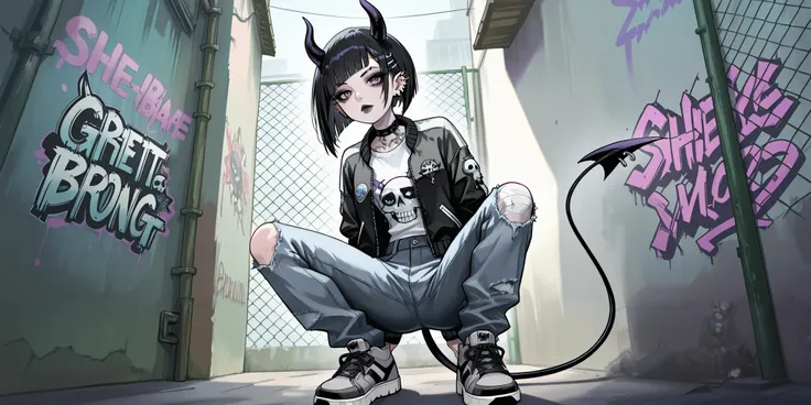 skinny tired girl is belong to emo/goth subculture. She has obsidian black hair with highlighted white strands , she has a wolf haircut and long bangs that hide half of her face. She has a lot of metal hairpins, barrette, hair clips on her bangs. Her ey...