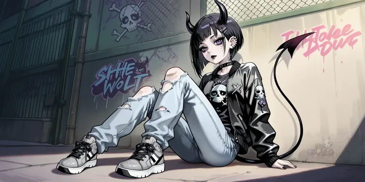 skinny tired girl is belong to emo/goth subculture. She has obsidian black hair with highlighted white strands , she has a wolf haircut and long bangs that hide half of her face. She has a lot of metal hairpins, barrette, hair clips on her bangs. Her ey...