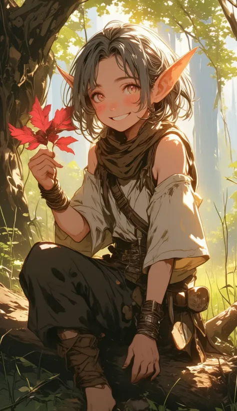 A joyful young humanoid character with elf-like features, large pointed ears, and tousled silver-brown hair illuminated by warm sunlight. The character’s eyes are wide and expressive, with a soft reddish-brown hue. They are sitting barefoot on a fallen tre...