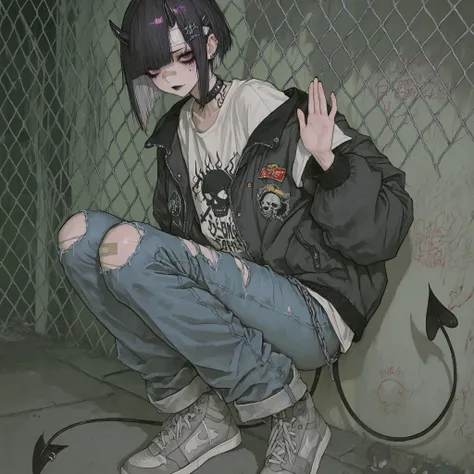 skinny tired girl is belong to emo/goth subculture. She has obsidian black hair with highlighted white strands , she has a wolf haircut and long bangs that hide half of her face. She has a lot of metal hairpins, barrette, hair clips on her bangs. Her ey...