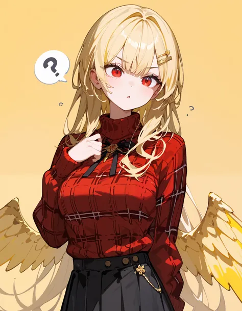 girl,Yellow hair,in red eyes,Medium Bust,Red plaid sweater, black skirt,long hair,With yellow wings on the back, light yellow background ,Slim Gold Hairpin,Confused,