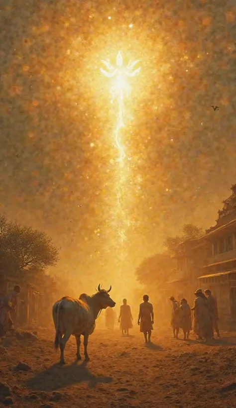 The scene remains the same: dry village, temple, and villagers in the background.
A bright golden light emerges from the sky above cow Gauri.
The light is mystical, forming the shape of a celestial deity.
The villagers step back in awe, shielding their ...