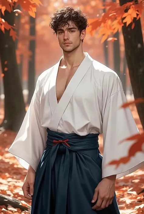 29-year-old man who looks young, measures 1 . 80 meters tall , I bet Kendo (kimono blanco sólido en la parte superior y una larga skirt maxi azul marino de cintura alta (skirt, Also) with obi:1.4), sweat, sparkling sweat, shake, (short and very curly br...