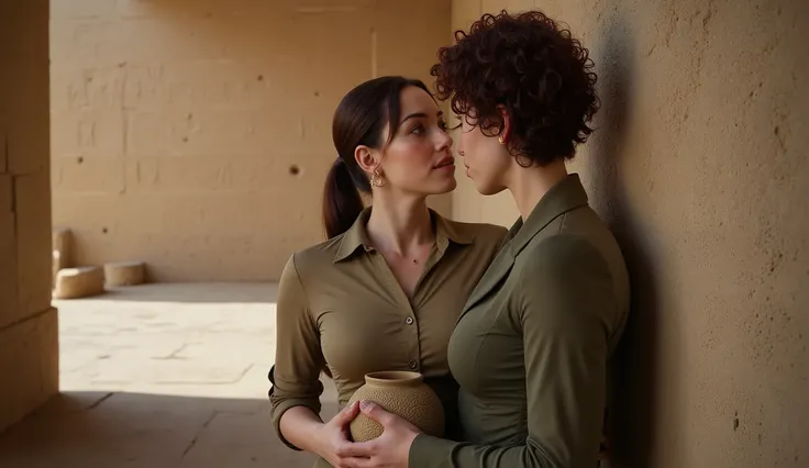 Two women, lesbian love, desire, intense, intimate, kissing, temple, archeologist, ancient carvings. A CEO( Daphne Artemis, mid-30s, elegant with dark hair in a sleek ponytail, wearing a tailored suit with subtle gold jewelry) leaning to kiss a female arc...
