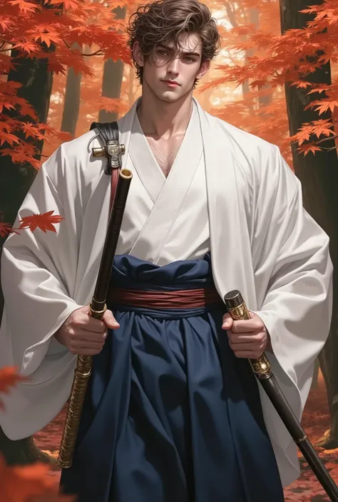 29-year-old man who looks young, measures 1 . 80 meters high , Handsome Kendo (solid white kimono top and long dark blue high-waisted maxi (skirt, Also) with dark blue obi:1.4), sweat, sparkling sweat, shaking, (short and very curly brown hair:1.2), emer...