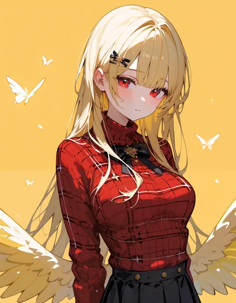 girl,Yellow hair,in red eyes,Medium Bust,Red plaid sweater, black skirt,long hair,With yellow wings on the back, light yellow background ,Slim Gold Hairpin,Shy,Black Ribbon