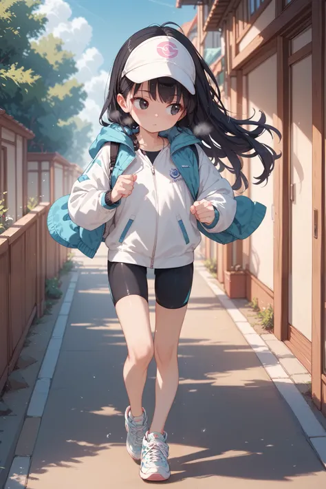 black hair,black eye,petite girl,very long hair,outdoor,blush,jacket,bike shorts,sneakers,white cap,running, steam,looking away