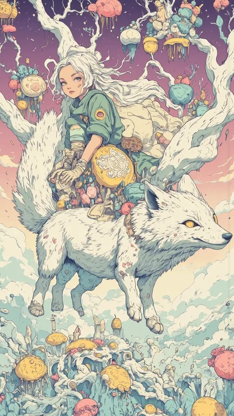 Imagine,The unreal colors in the sky have purple and pink gradients,Create a dreamy atmosphere,and thousands of crystal flower pots upside down in the air,The roots grow upward and wind up into a floating island, girl(silver-white curls, long hair,gentle...