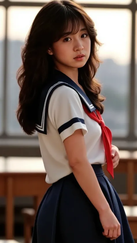 A high resolution photograph of an eighteen years old Japanese young woman, photo realistic, masterpiece, amazing quality, intricate details, professional lighting, solo, 1girl, full body, (curly black hair with blunt bangs), pale skin, fine-textured skin,...