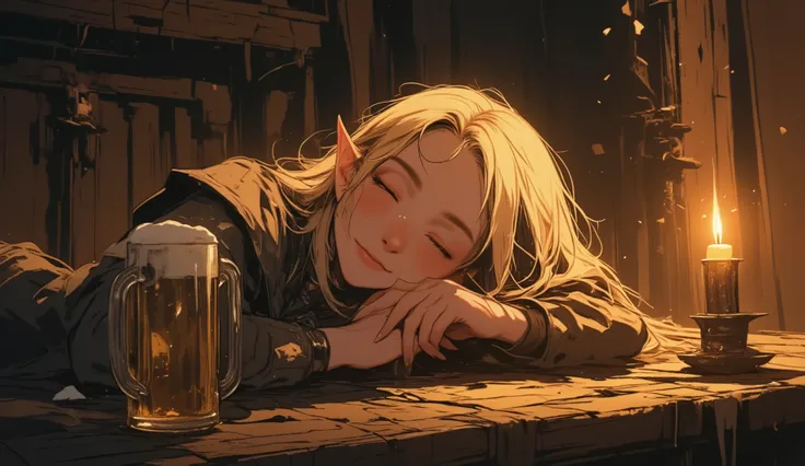 The blonde elf lies peacefully in the tavern, her blond hair falls softly on her shoulder. Sweet, barely noticeable smile, as if in a dream she is dreaming of something warm and joyful. There is a mug of beer next to her on a wooden table, plays on her fac...