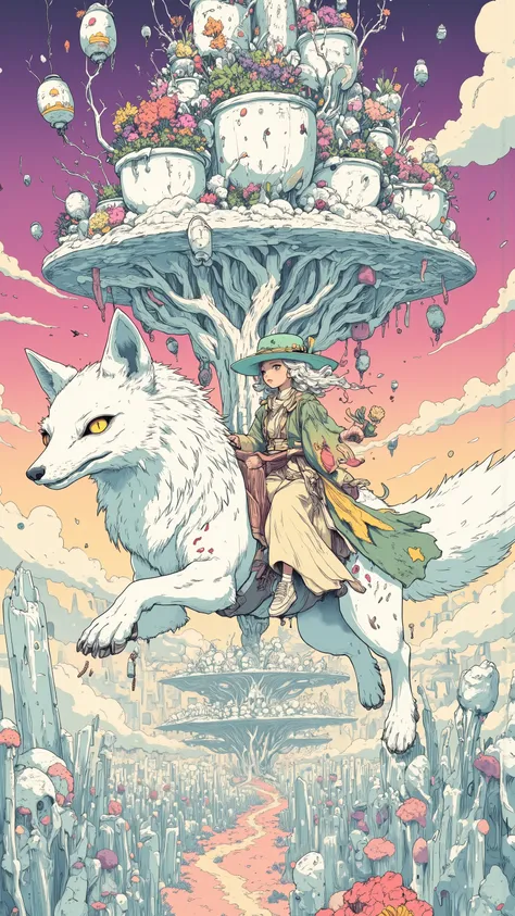 Imagine,The unreal colors in the sky have purple and pink gradients,Create a dreamy atmosphere,and thousands of crystal flower pots upside down in the air,The roots grow upward and wind up into a floating island, girl(silver-white curls, long hair,head w...