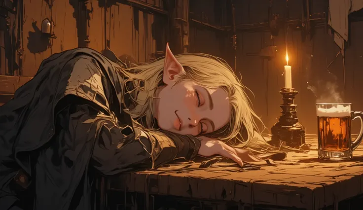 The blonde elf lies peacefully in the tavern, her blond hair falls softly on her shoulder. Sweet, barely noticeable smile, as if in a dream she is dreaming of something warm and joyful. There is a mug of beer next to her on a wooden table, plays on her fac...