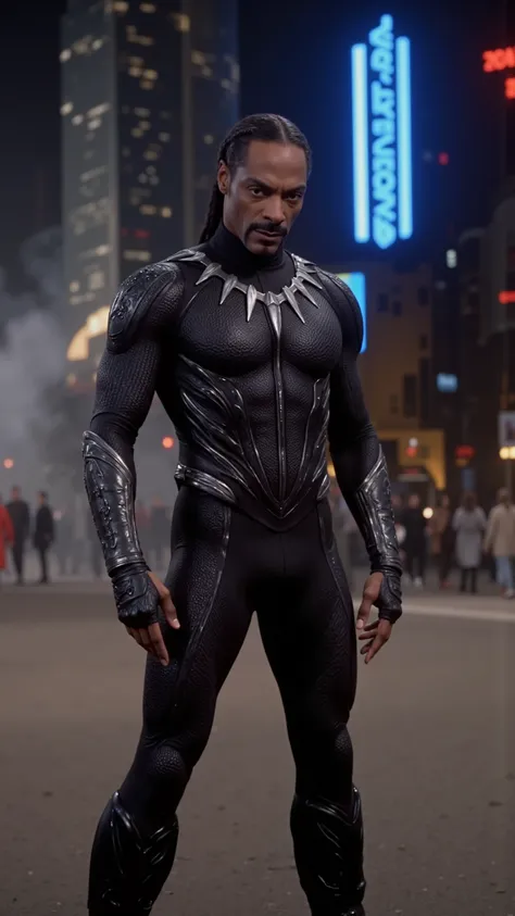 DVD screengrab from an early 2000s superhero movie with a horror film lighting style, featuring Snoop Dogg as Black Panther in a fierce warrior stance, claws extended and poised for combat, intense focus in his eyes, his body positioned in a battle-ready p...