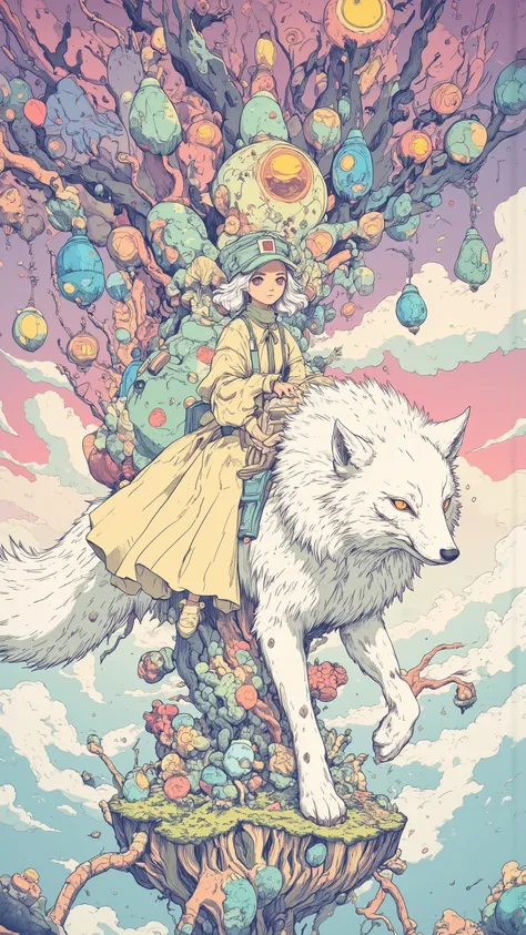 Imagine,The unreal colors in the sky have purple and pink gradients,Create a dreamy atmosphere,and thousands of crystal flower pots upside down in the air,The roots grow upward and wind up into a floating island, girl(silver-white curls, long hair,gentle...