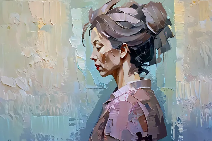 a thick textured oil painting of mother and , impasto brushstrokes, dry brushing, revealing under layers, abstract portrait, moody lighting, dramatic shadows, muted earthy colors, vibrant colors, highly detailed, masterpiece,