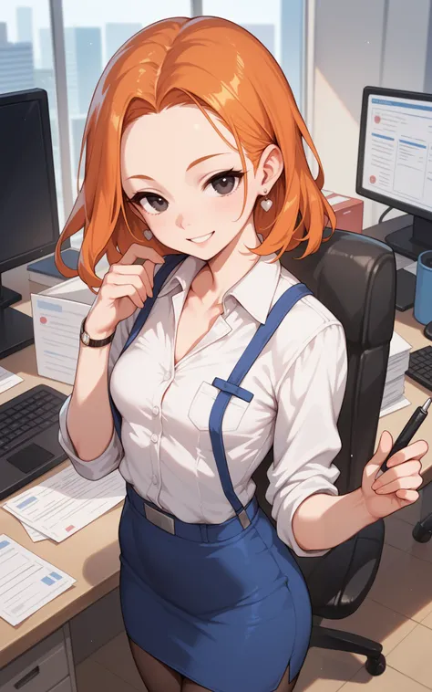 female, orange hair, forehead, handsome short, black eyes, Office, Office Worker, Smile, Small Breasts, anime,