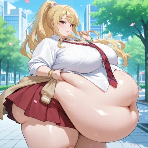 masterpiece,best quality,absurdres, amazing quality, shiny skin
tokyo \(city\), park, falling petals, cowboy shot, standing, wind, wind lif, smile, skirt lift, from side, smile, grabbing own hair, looking at viewer, 
 himariishikura, 1girl, blonde hair, sh...