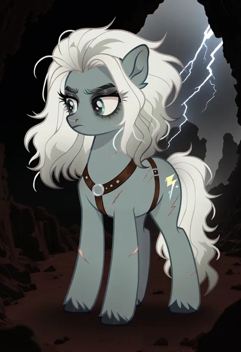 score_9, score_8_up, score_7_up, score_6_up, score_5_up, score_4_up, show accurate, full body, simple background, feral pony, female pony, intimidating appearance, original character, earth pony with a rugged, cracked horn remnant (non-functioning), deep b...