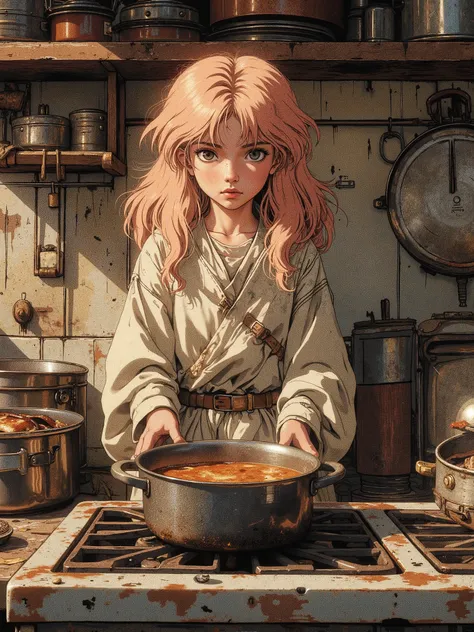 a girl about seven years old, with long peach-pink hair and grey eyes, in worn clothes with holes, stands behind the stove in the small kitchen and the broth in the pan gets in the way