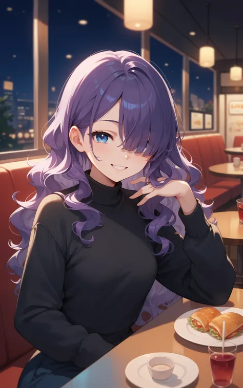 female, purple hair, hair over one eye, wavy hair, long hair, Blue eyes, Restaurant, black sweater, Smile, night, Small Breasts, anime, gin