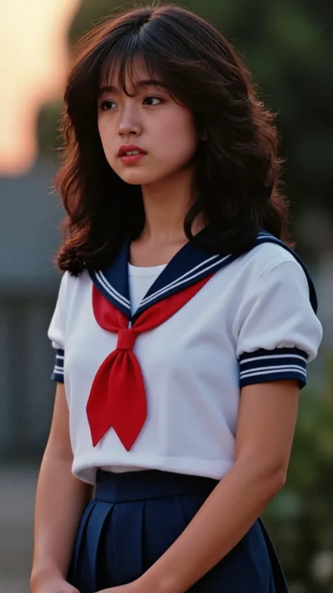 A high resolution photograph of an eighteen years old Japanese young woman, photo realistic, masterpiece, amazing quality, intricate details, professional lighting, solo, 1girl, full body, (curly black hair with blunt bangs), pale skin, fine-textured skin,...