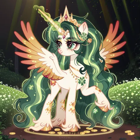 score_9, score_8_up, score_7_up, score_6_up, score_5_up, score_4_up, show accurate, full body, detailed background, feral pony, female pony, regal and enchanting appearance, original character, alicorn with a golden horn and large golden-feathered wings ad...