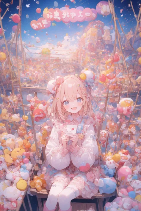 Congratulations letter on the back。girl smiling happily sitting on a suspension bridge。There are so many。I am clapping。crackers burst all over the screen。 background is color々toys that look like clowns。