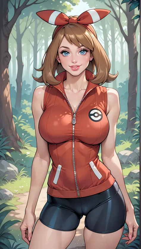 ((May from Pokemon)), ((big perfectly round gravity defying fake )), brunette bimbo slut, adult age 25, gorgeous feminine stunning face, detailed blue eyes, bimbo lips, May's red bow, zipper red sleeveless vest, tight black bike shorts, (Pokemon Forest set...