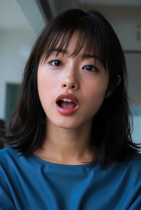 1 girl, debris flies,,Award-winning photo, very well detailed, edge orgasm , Focus on Your FACE, ( woman with her mouth open and her eyes closed ), 30 years old、 black hair、 shiny skin with no limbs、 face up , from below、Realistic nostrils、 Long an...