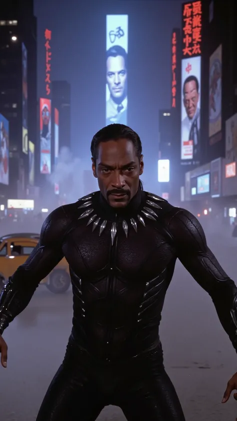 DVD screengrab from an early 2000s superhero movie with a horror film lighting style, featuring Snoop Dogg as Black Panther in a dynamic combat stance, claws extended, muscles tensed, ready to strike, intense focus in his eyes, wearing a sleek vibranium su...