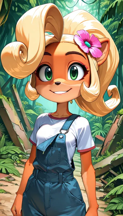 (1girl, coco_bandicoot), (extremely detailed CG unit 8k wallpaper),(master part), (best quality), (ultra detail), (best illustration),(ghibli_style), cowboy shot, dutch angle, close up, standing, facing viewer, looking at viewer, perfect face, perfect eyes, perfect fingers, (Sharp eyeliner, ombre, detailed eyes:1), traditional media, outdoors, jungle, ruins, break , upper body, solo, smile, anthro furry, furry female, body fur, orange fur, green eyes, blonde hair, short hair, ponytail, huge ahoge, hair flower, animal ears, small breasts, white shirt, short sleeves, blue 
overalls  pants,