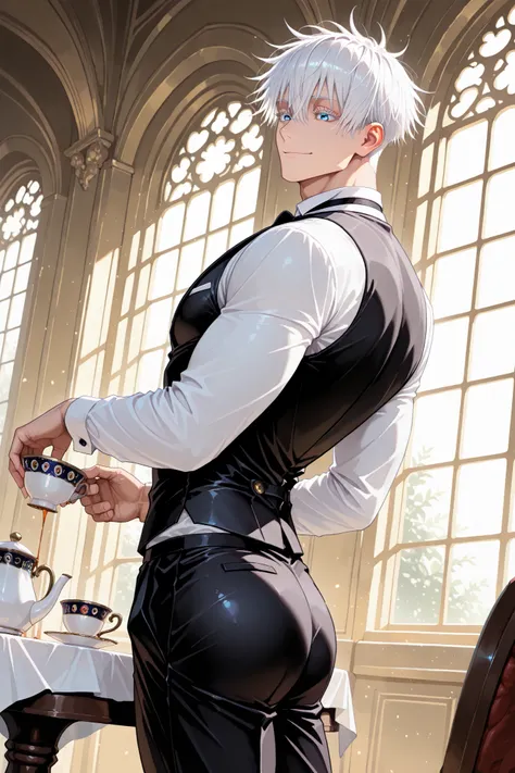 (masterpiece) , (highest quality) , (very detailed) , (the best shape) , (absurd) , (so beautiful) , (perfect anatomy), (perfect clear eyes), (from side) (from far away) 1 man, closed mouth, smile, Satoru Gojo, Jujustu kaisen, blue eyes, white hair, white ...