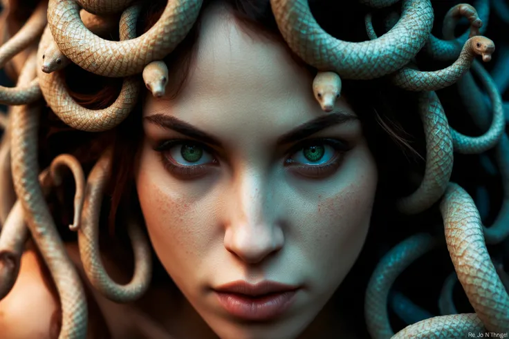 Closeup portrait of Medusa, seductive green eyes looking mischievously to the camera, little snakes as hair, ultra detail, photorealistic