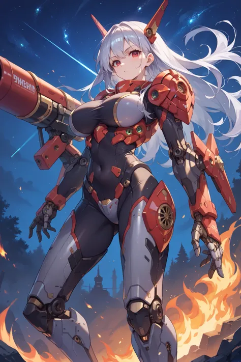 Japanese anime,alone,Mecha Girl, Big breasts， bodysuit, mechanical parts , ((starry sky))，night，( masterpiece, best quality), Long Silver Hair, red eyes，( black armor), Holding an electromagnetic cannon, On the battlefield，Fire