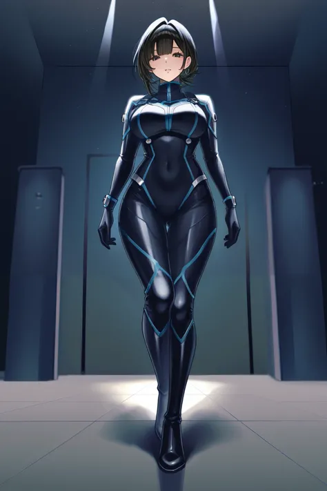 adult woman、 black hair、 long、White、rider suit、Hi-Reg、cyber、 standing、front、no highlights、looking down at viewer、 beautiful feet、no expression、 dark、Villain、Blue Line、is tall、adults、aldult、boots、thighs、feetコキ、Looking Down、Step on、feet、