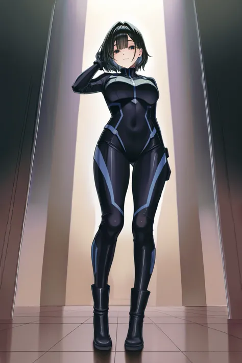 adult woman、 black hair、 long、White、rider suit、Hi-Reg、cyber、 standing、front、no highlights、looking down at viewer、 beautiful feet、no expression、 dark、Villain、Blue Line、is tall、adults、aldult、boots、thighs、feetコキ、Looking Down、Step on、feet、