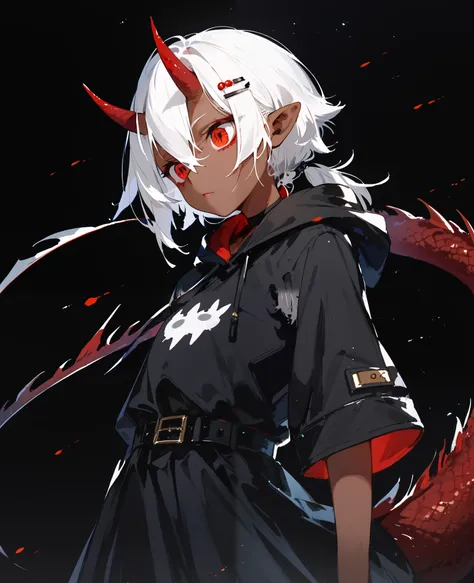 girl,Dark skin,Pointed ears,in red eyes, white hair, Ghoul eyes,Sharp eyes, Tomboy, short hair ,small chest,Slim Gold Hairpin,Black Robe,Has a dragon tail,Have horns,milf,Very Long Low Ponytail,standing,Hooded Dress