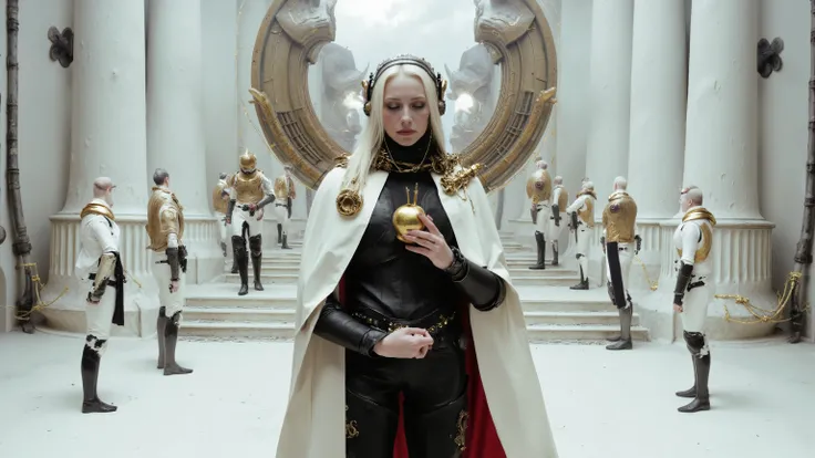 A woman in a black leather coat looking down in a white cloak,Woman holding a golden apple with her hands in front of her chest,Woman standing in the middle of a distant view,full body,Large wide-angle shooting,woman with black pipes and wires connected to...
