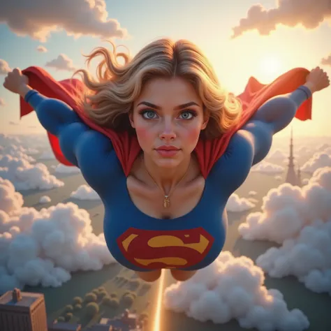 3D RENDERED CUT SEXY 25-YEAR-OLD superhero,supergirl,flying,mid-air,cape,female,blonde MESSY CURLY hair,blue eyes,determined expression,confident posture,heroic,powerful,dynamic pose,cloudy sky,city skyline,sunlight,epic,illustration,digital art,4k,octane ...
