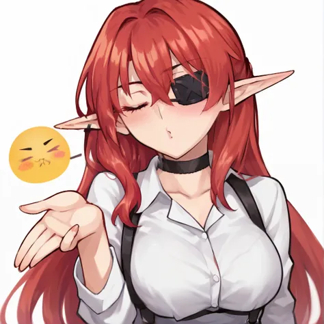 milfication,mature female,milf, tak_tak, score_9, score_8_up, score_7_up, score_6_up, score_5_up, Takeuchi Takashi style, 1 woman, elf, solo, bangs between eyes, close eyes, red hair, long hair, crop office shirt, breasts, looking at viewer, plain backgrou...